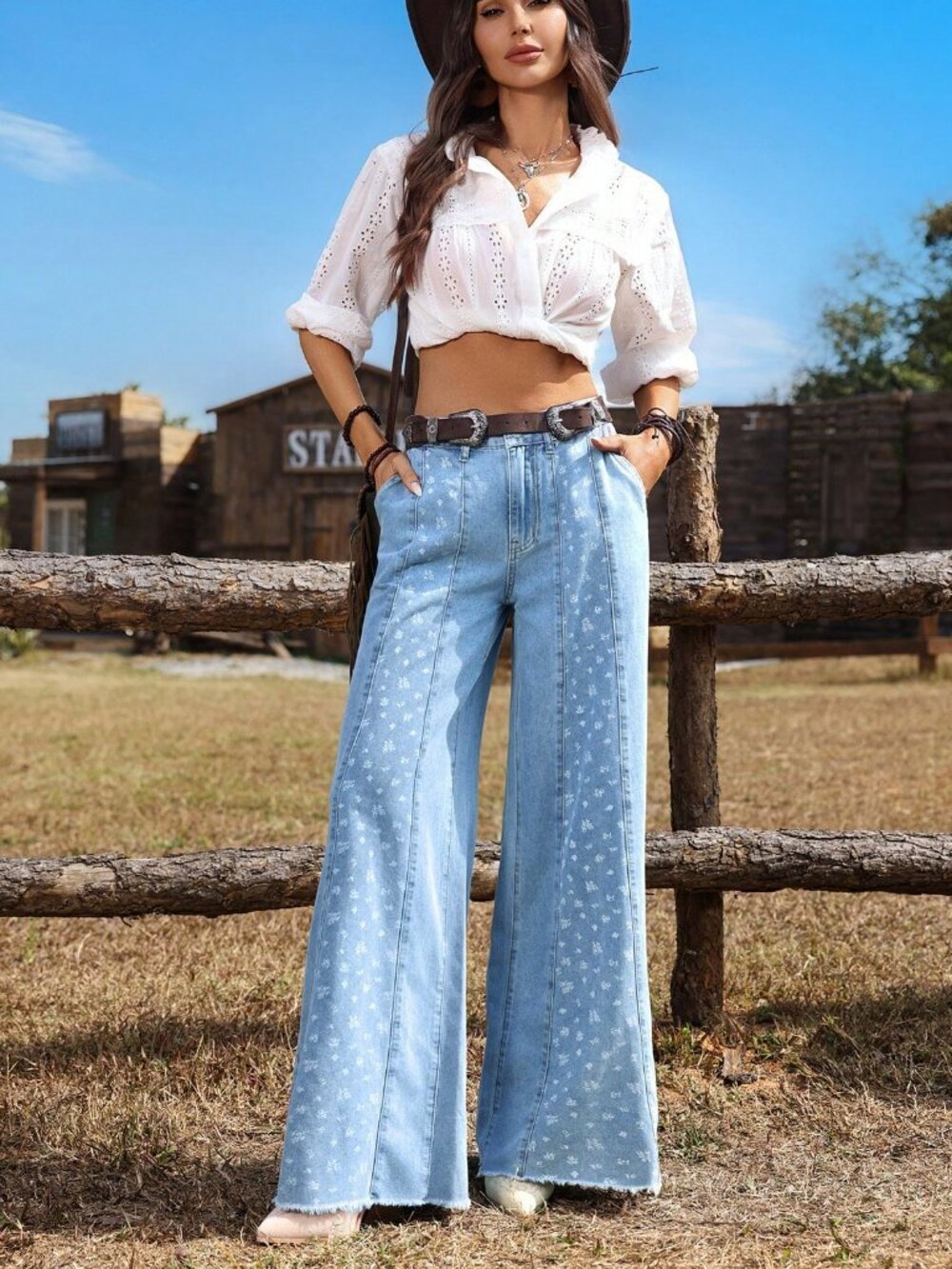 Blue Casual Women's Ditsy Floral Wide Leg Loose Jeans - Picture 3 of 6